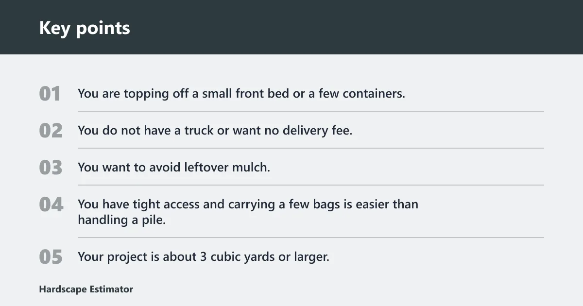 Key points: Choose Bagged mulch if… / Choose bulk if…