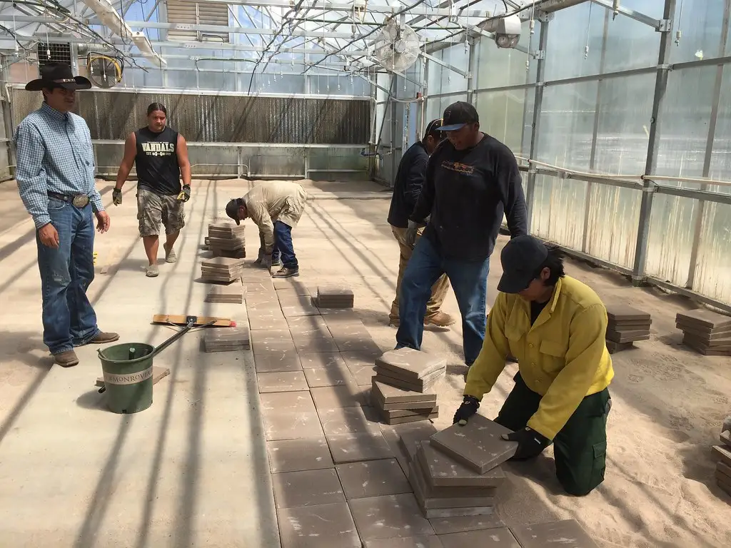 Coarse bedding sand is being leveled over a compacted base between paver edge restraints.